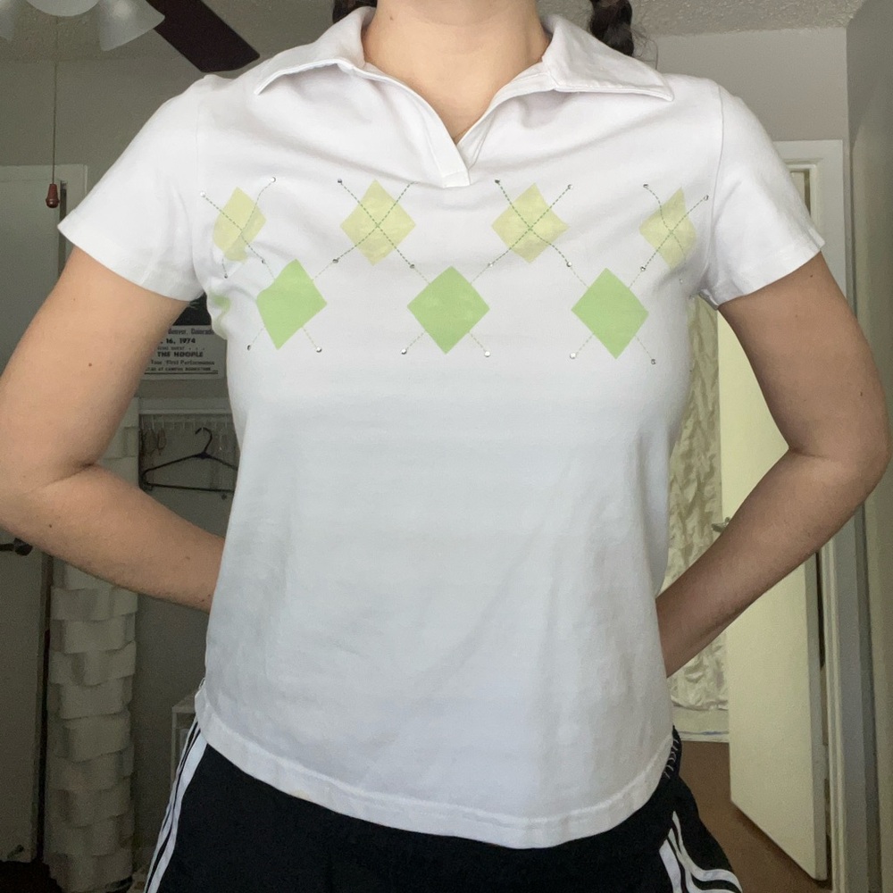 Talbots Petite Small White Checkered Bedazzled Polo